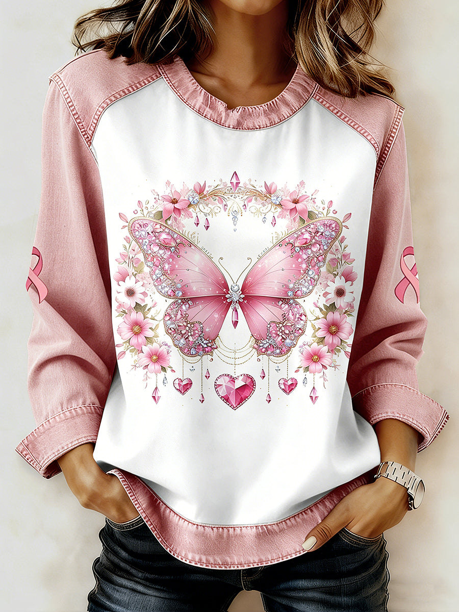 Women's Breast Cancer Printed Collar Long Sleeve Sweatshirt