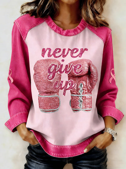 Women's Breast Cancer Printed Collar Long Sleeve Sweatshirt