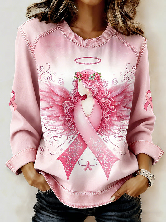 Women's Breast Cancer Printed Collar Long Sleeve Sweatshirt