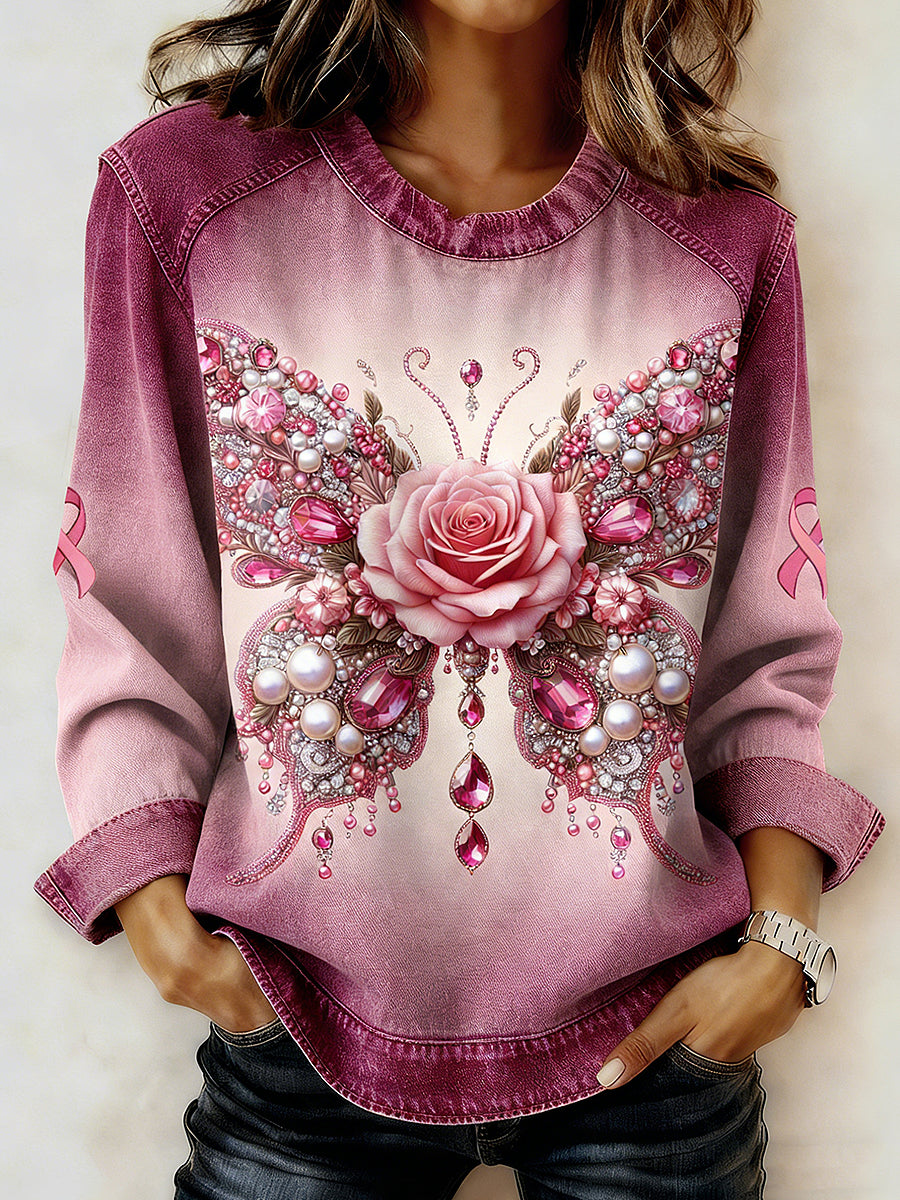 Women's Breast Cancer Printed Collar Long Sleeve Sweatshirt