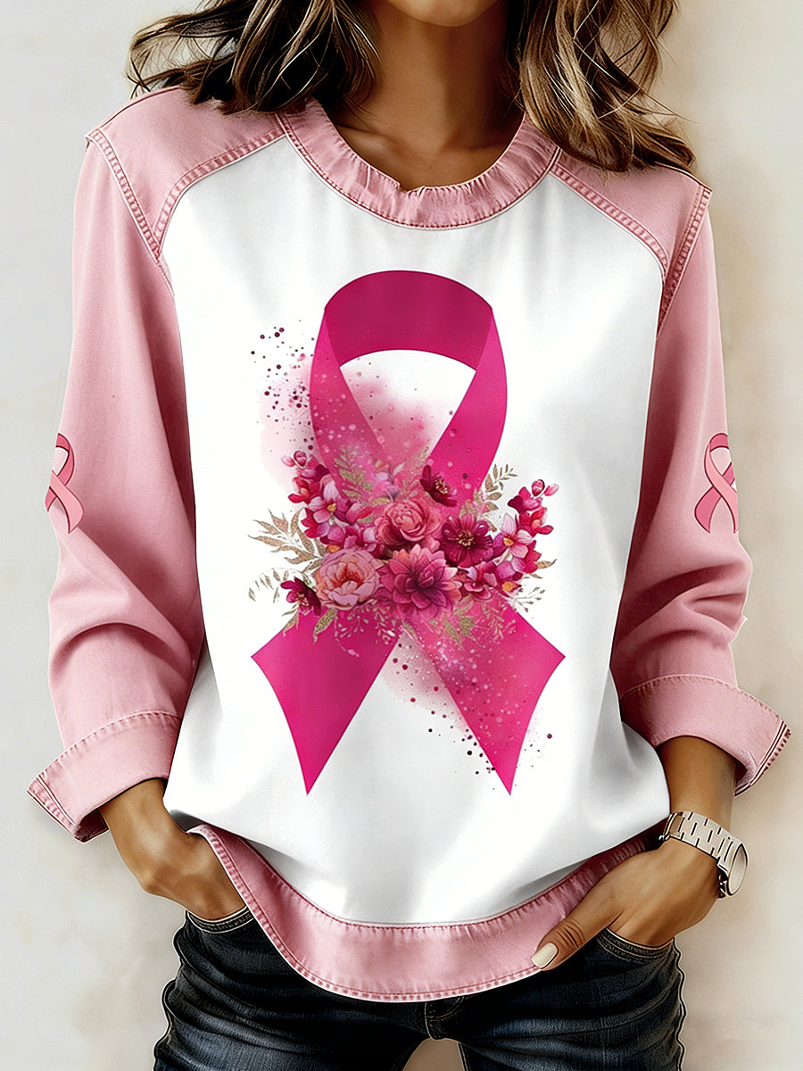 Women's Breast Cancer Printed Collar Long Sleeve Sweatshirt