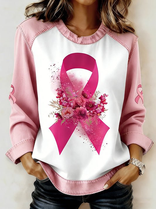 Women's Breast Cancer Printed Collar Long Sleeve Sweatshirt