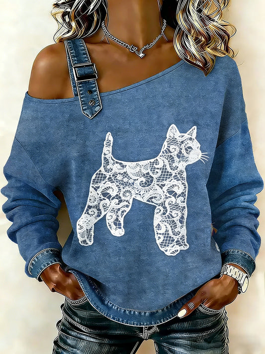 Women's Vintage Lace Texture Cat Print Casual Off-Shoulder Sweatshirt