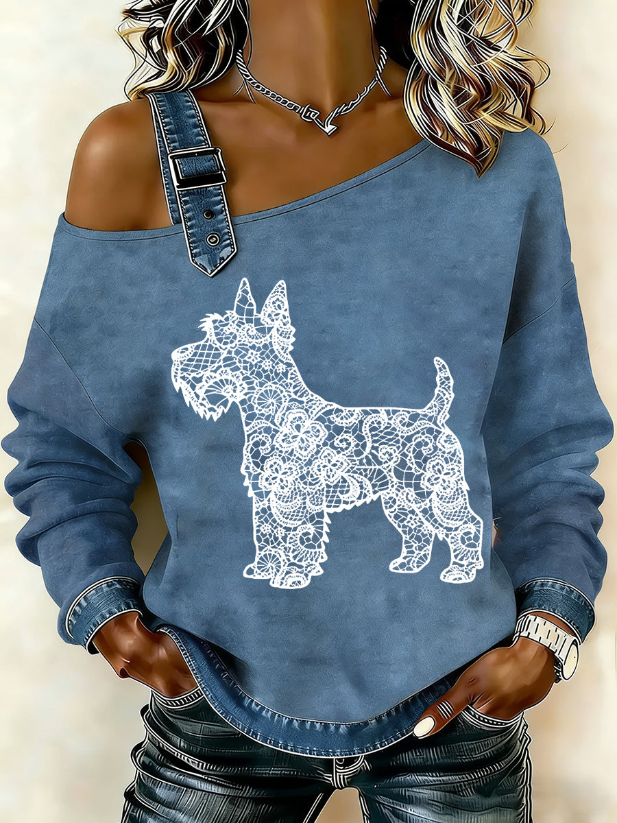 Women's Vintage Lace Texture Dog Print Casual Off-Shoulder Sweatshirt