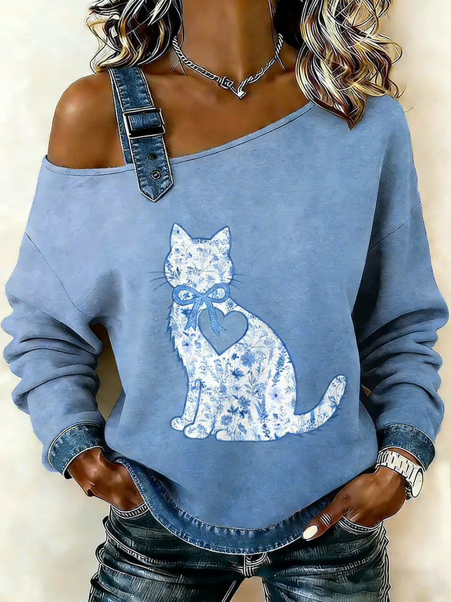 Women's Vintage Lace Texture Cat Print Casual Off-Shoulder Sweatshirt