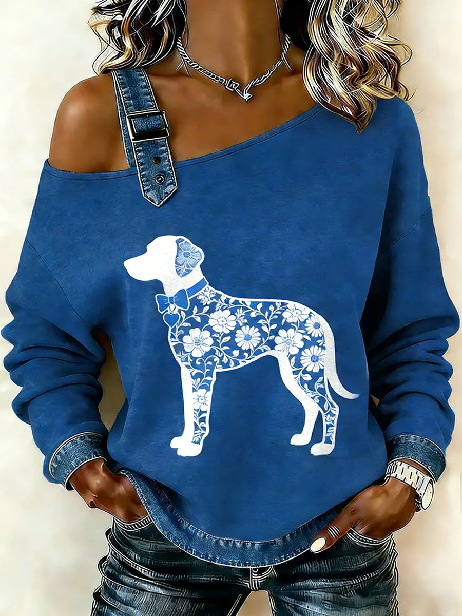 Women's Vintage Lace Texture Dog Print Casual Off-Shoulder Sweatshirt