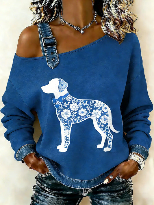 Women's Vintage Lace Texture Dog Print Casual Off-Shoulder Sweatshirt