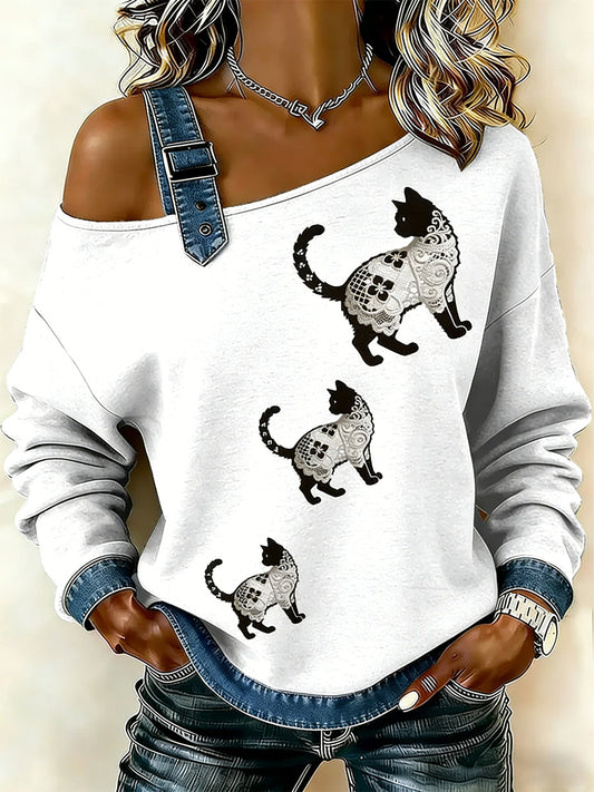 Women's Vintage Lace Texture Cat Print Casual Off-Shoulder Sweatshirt