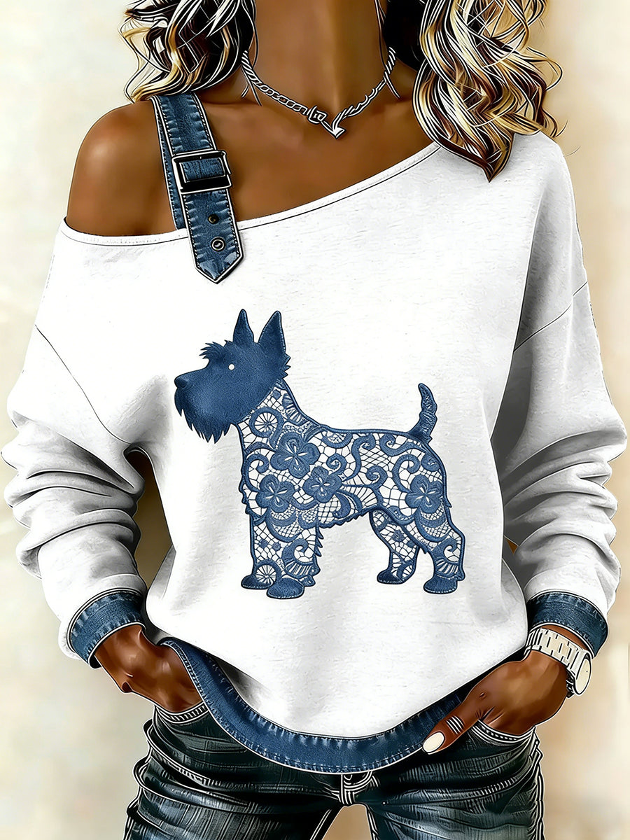 Women's Vintage Lace Texture Dog Print Casual Off-Shoulder Sweatshirt