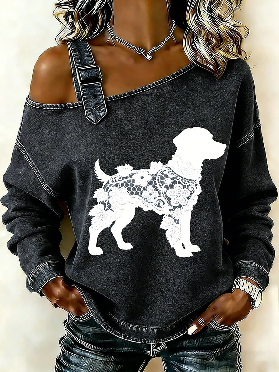 Women's Vintage Lace Texture Dog Print Casual Off-Shoulder Sweatshirt