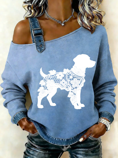 Women's Vintage Lace Texture Dog Print Casual Off-Shoulder Sweatshirt