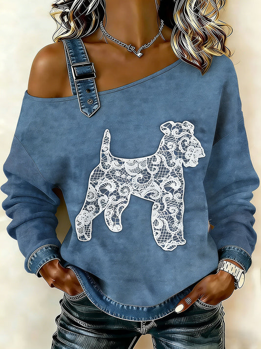 Women's Vintage Lace Texture Dog Print Casual Off-Shoulder Sweatshirt