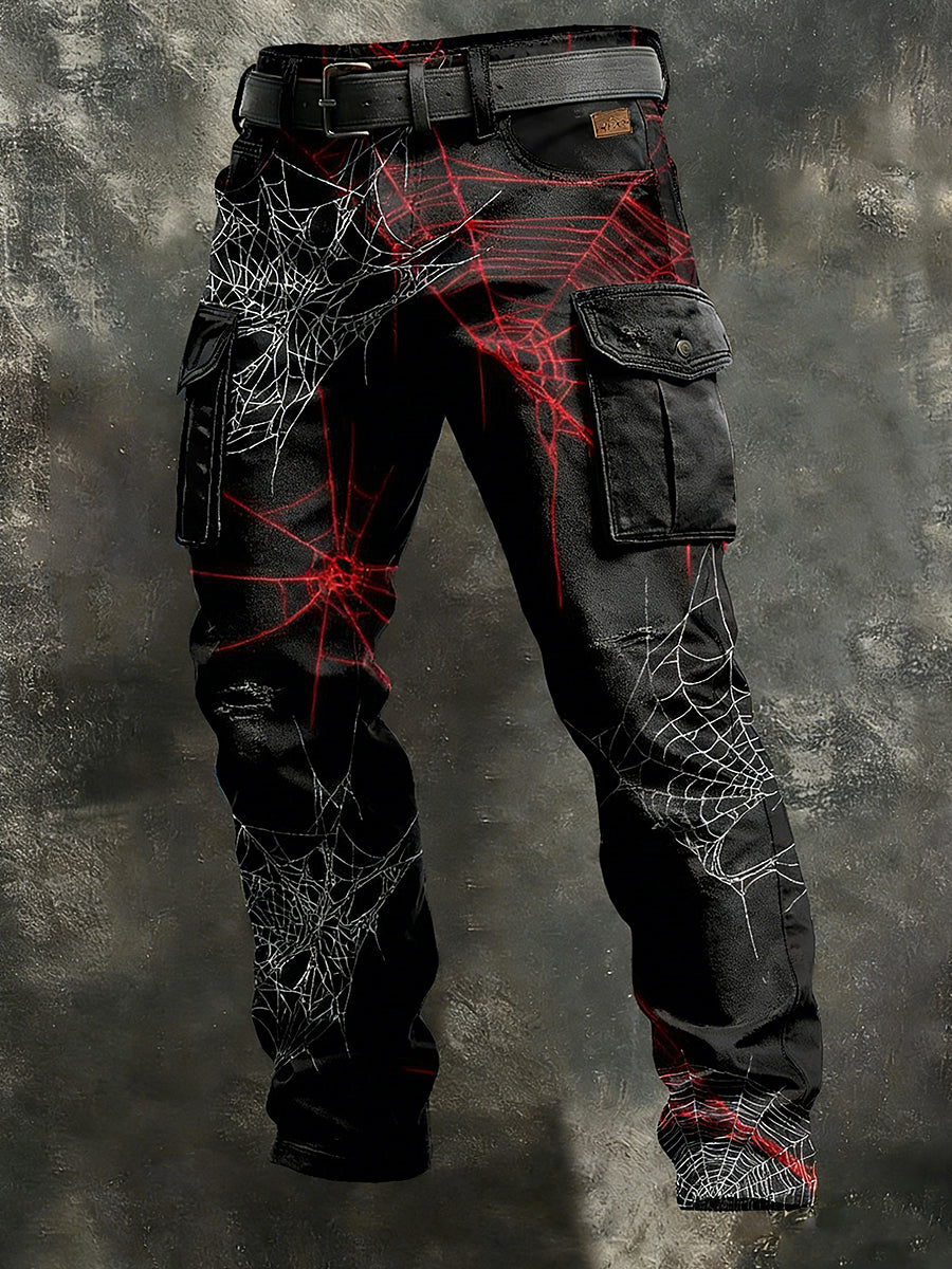 Men's Retro Vacation Business Spider Web Art Print Casual Workwear Trousers