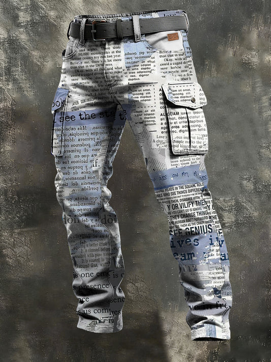 Men's Retro Vacation Business Newspaper Art Print Casual Workwear Trousers