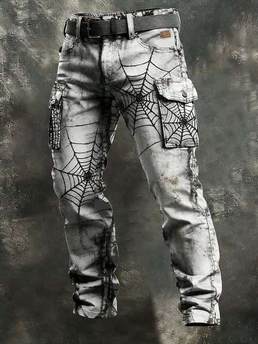 Men's Retro Vacation Business Spider Web Art Print Casual Workwear Trousers