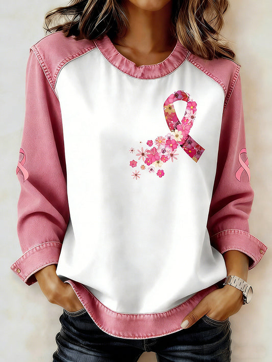 Women's Breast Cancer Printed Collar Long Sleeve Sweatshirt