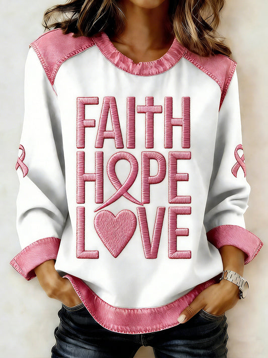 Women's Breast Cancer Printed Collar Long Sleeve Sweatshirt