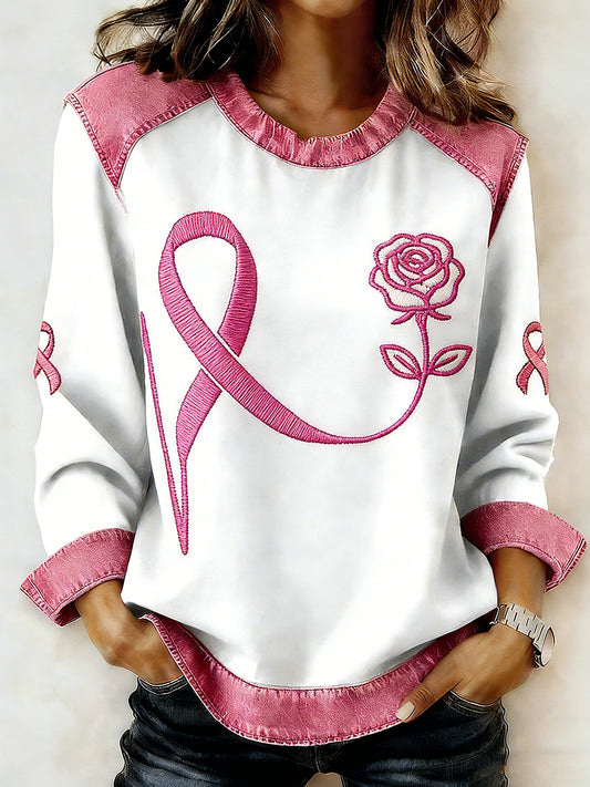 Women's Breast Cancer Printed Collar Long Sleeve Sweatshirt
