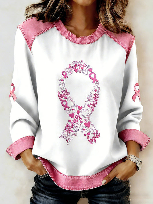 Women's Breast Cancer Printed Collar Long Sleeve Sweatshirt