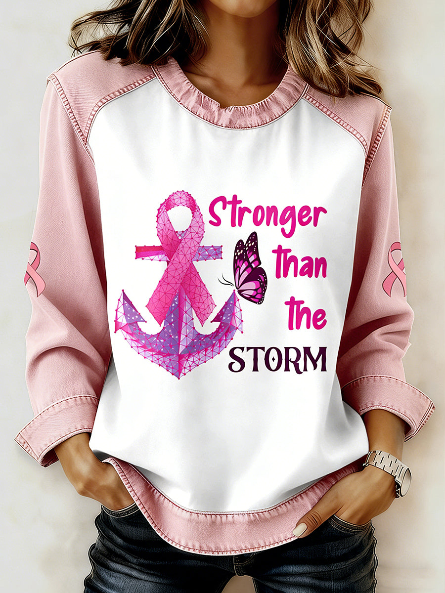 Women's Breast Cancer Printed Collar Long Sleeve Sweatshirt