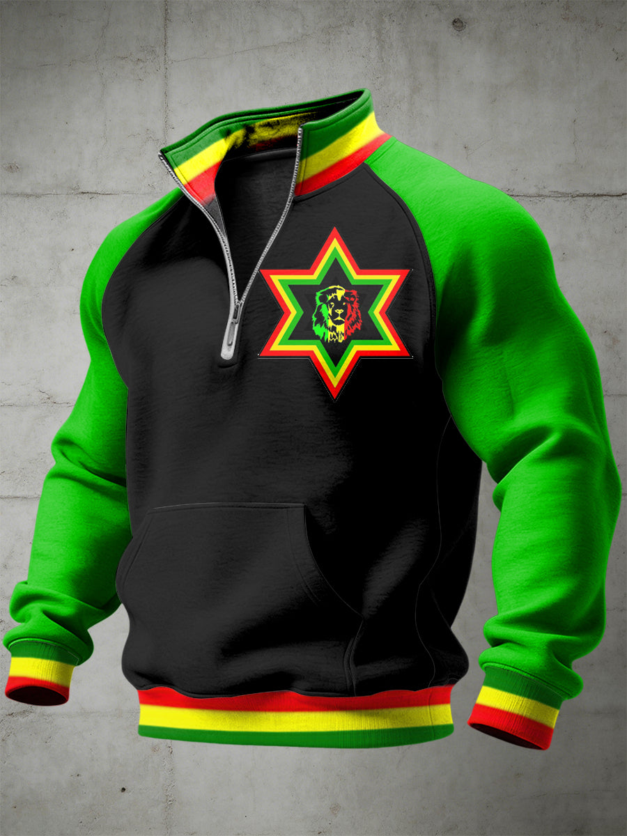 Men's Reggae Printed Half Zip Stand Up Collar With Raglan Sleeves Sweatshirt