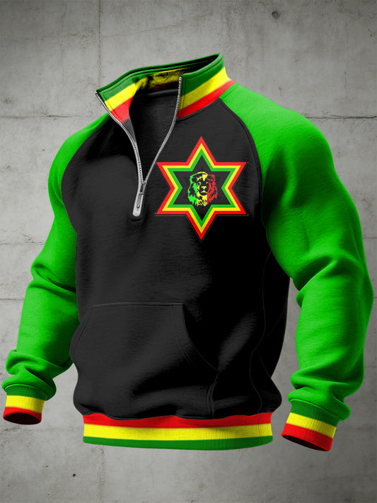 Men's Reggae Printed Half Zip Stand Up Collar With Raglan Sleeves Sweatshirt