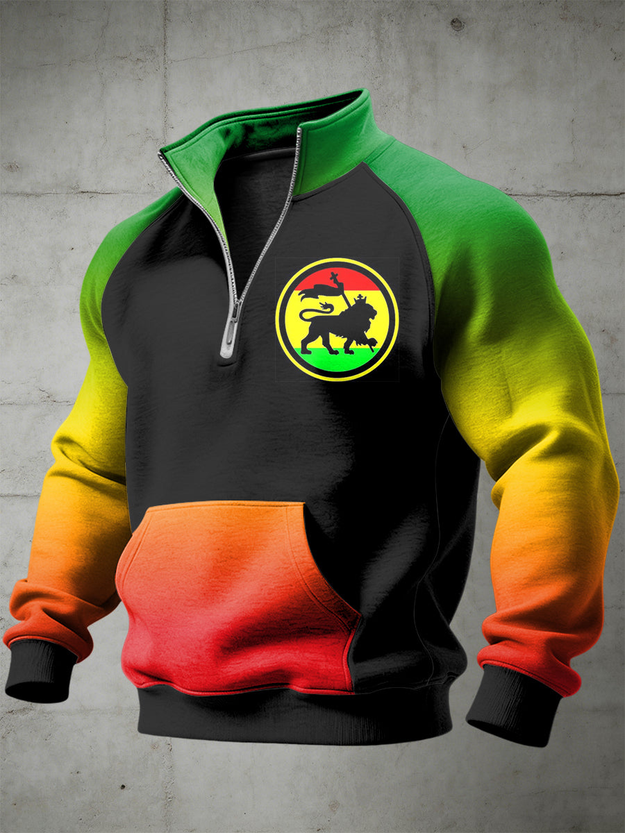 Men's Reggae Printed Half Zip Stand Up Collar With Raglan Sleeves Sweatshirt