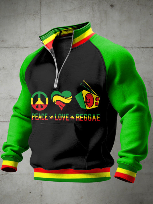 Men's Reggae Printed Half Zip Stand Up Collar With Raglan Sleeves Sweatshirt