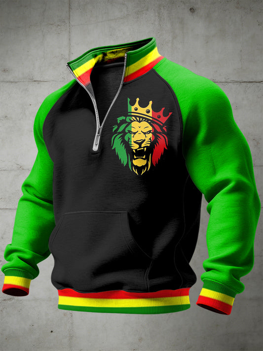 Men's Reggae Printed Half Zip Stand Up Collar With Raglan Sleeves Sweatshirt