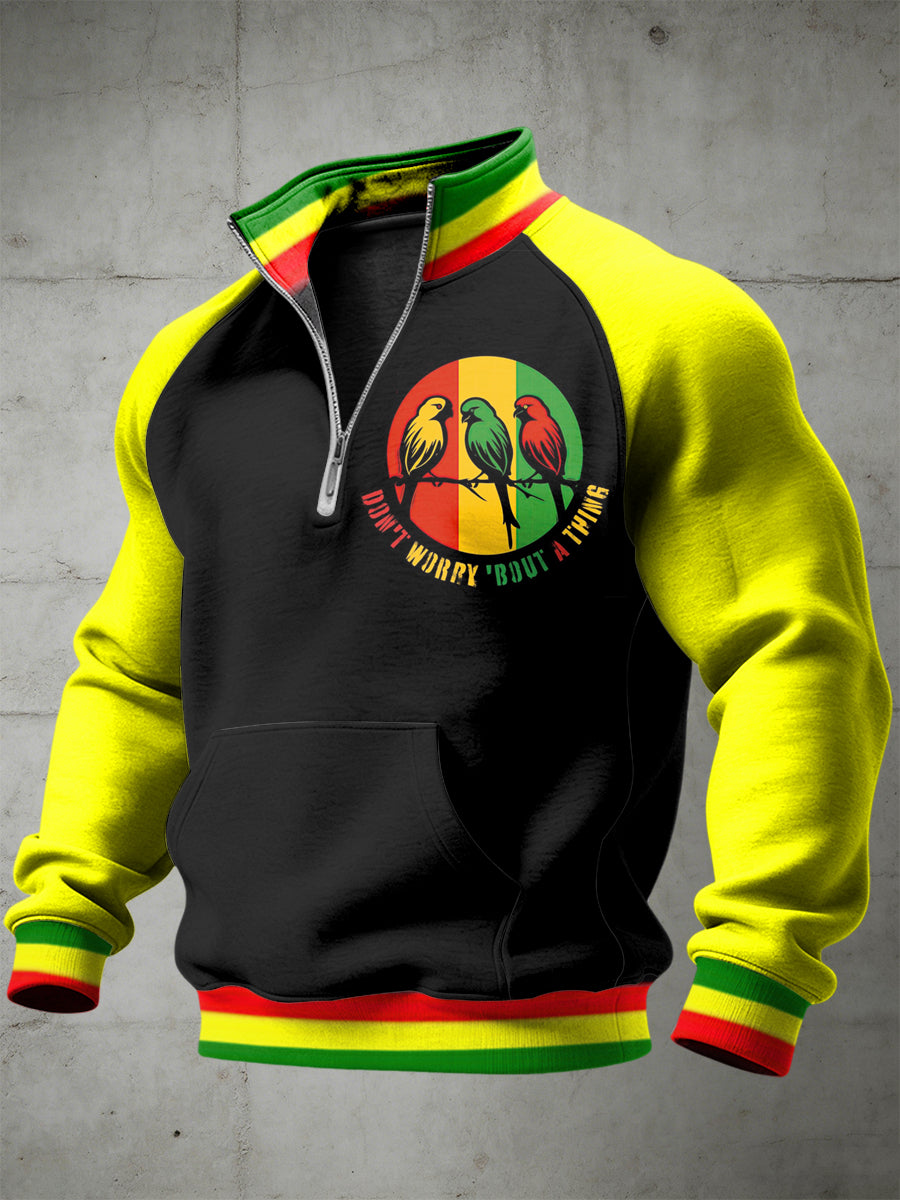 Men's Reggae Printed Half Zip Stand Up Collar With Raglan Sleeves Sweatshirt