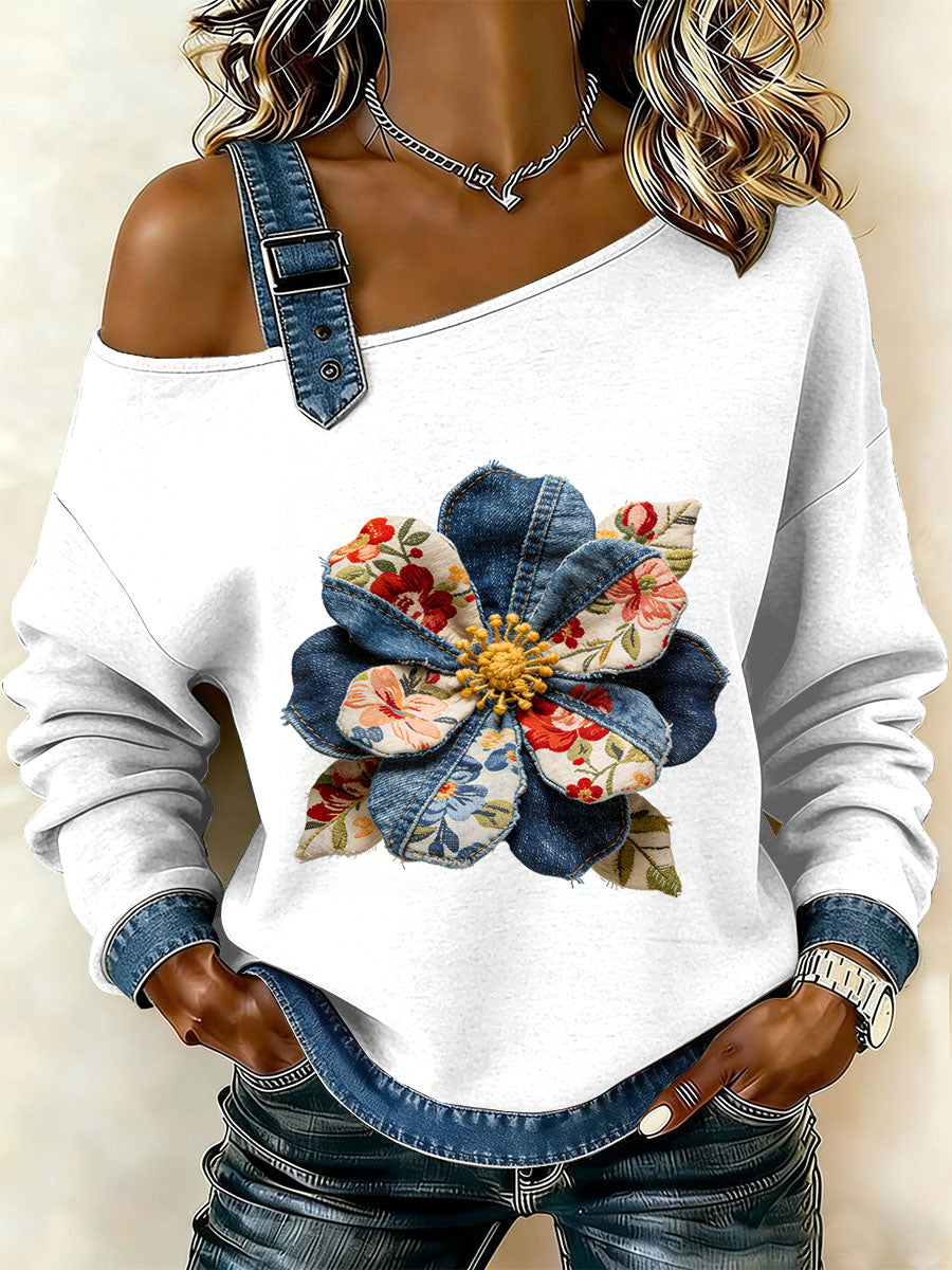 Women's Vintage Floral Patchwork Print Casual Off-Shoulder Sweatshirt