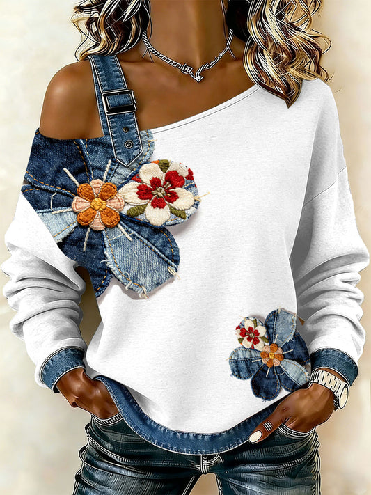 Women's Vintage Floral Patchwork Print Casual Off-Shoulder Sweatshirt