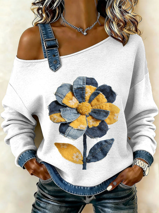 Women's Vintage Floral Patchwork Print Casual Off-Shoulder Sweatshirt