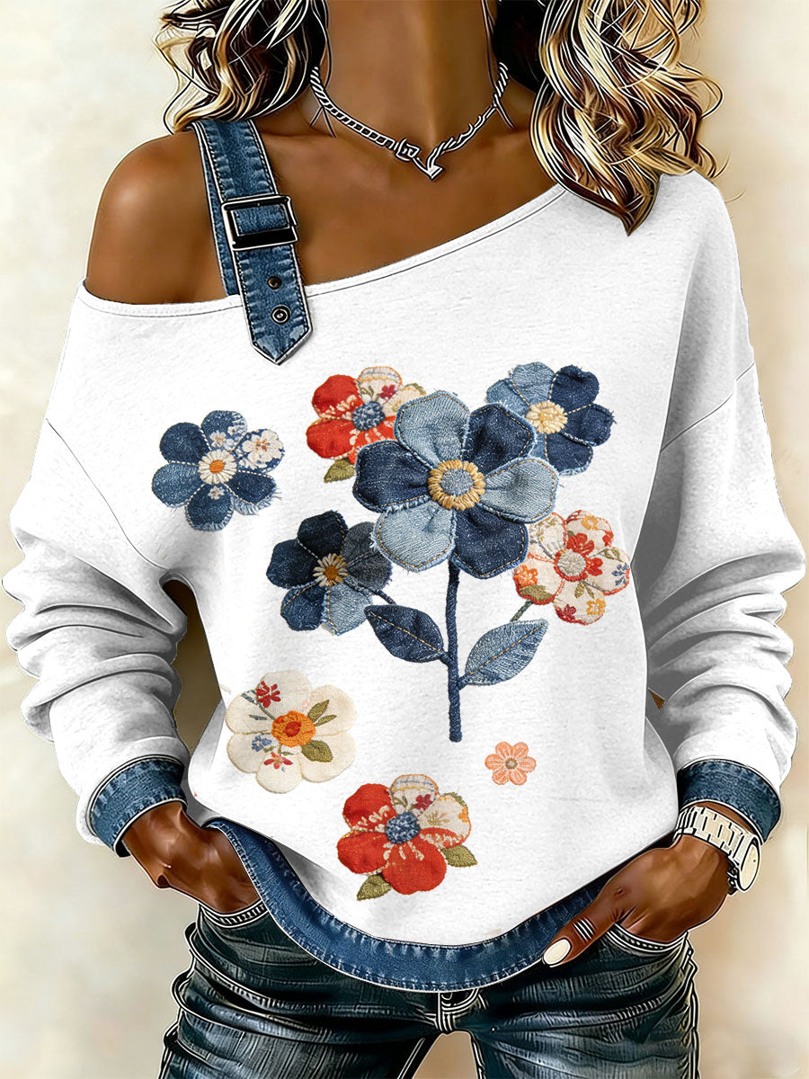 Women's Vintage Floral Patchwork Print Casual Off-Shoulder Sweatshirt