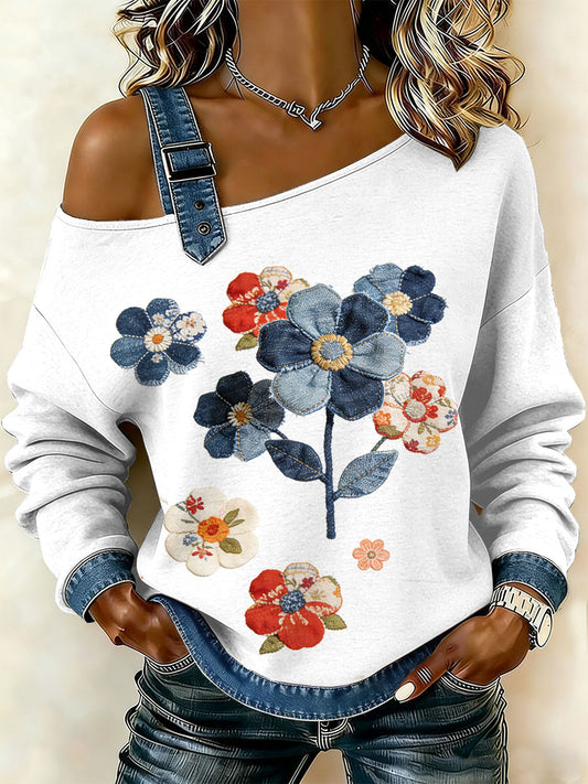 Women's Vintage Floral Patchwork Print Casual Off-Shoulder Sweatshirt