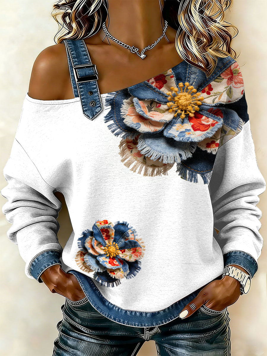 Women's Vintage Floral Patchwork Print Casual Off-Shoulder Sweatshirt