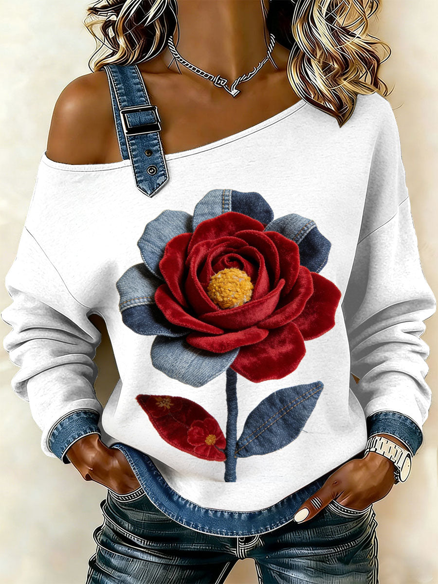 Women's Vintage Floral Patchwork Print Casual Off-Shoulder Sweatshirt