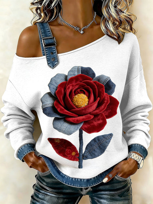 Women's Vintage Floral Patchwork Print Casual Off-Shoulder Sweatshirt