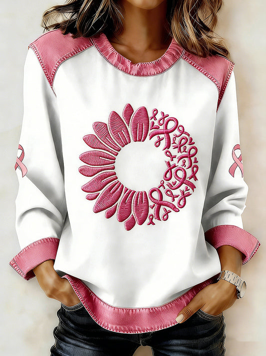 Women's Breast Cancer Printed Collar Long Sleeve Sweatshirt