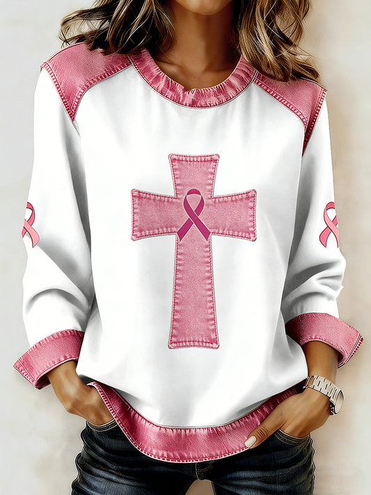 Women's Breast Cancer Printed Collar Long Sleeve Sweatshirt