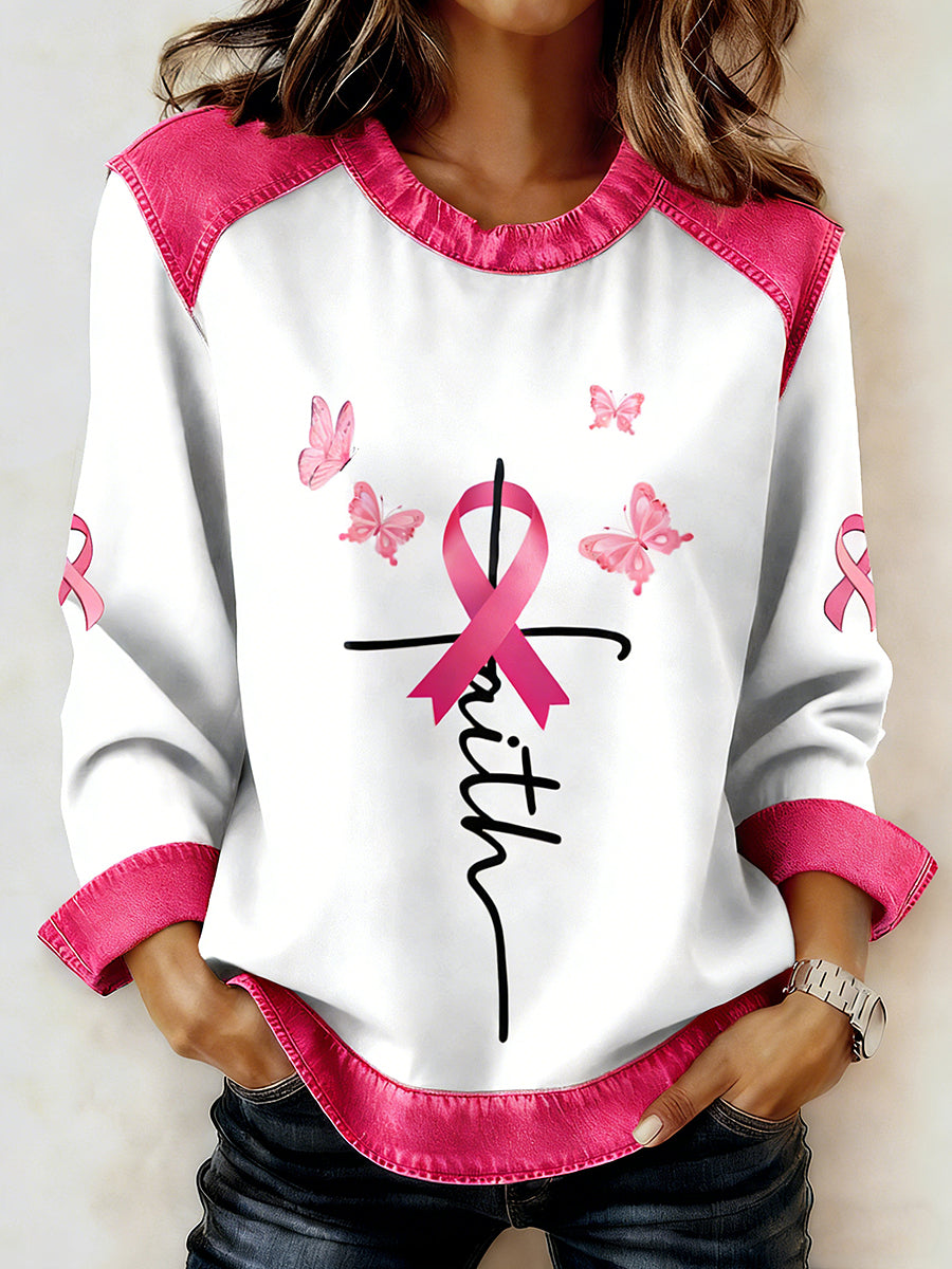 Women's Breast Cancer Printed Collar Long Sleeve Sweatshirt