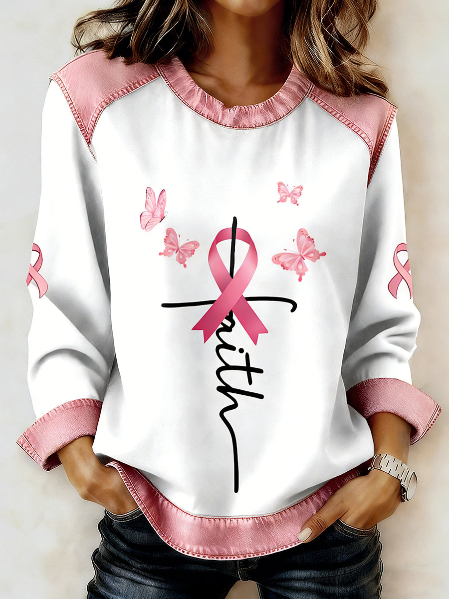 Women's Breast Cancer Printed Collar Long Sleeve Sweatshirt