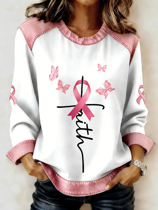 Women's Breast Cancer Printed Collar Long Sleeve Sweatshirt