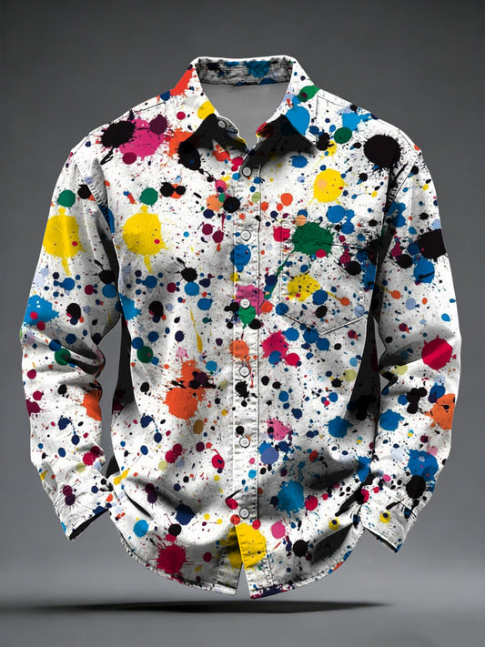 Men's Bold White-Base Multicolor Splatter Button-Down Shirt
