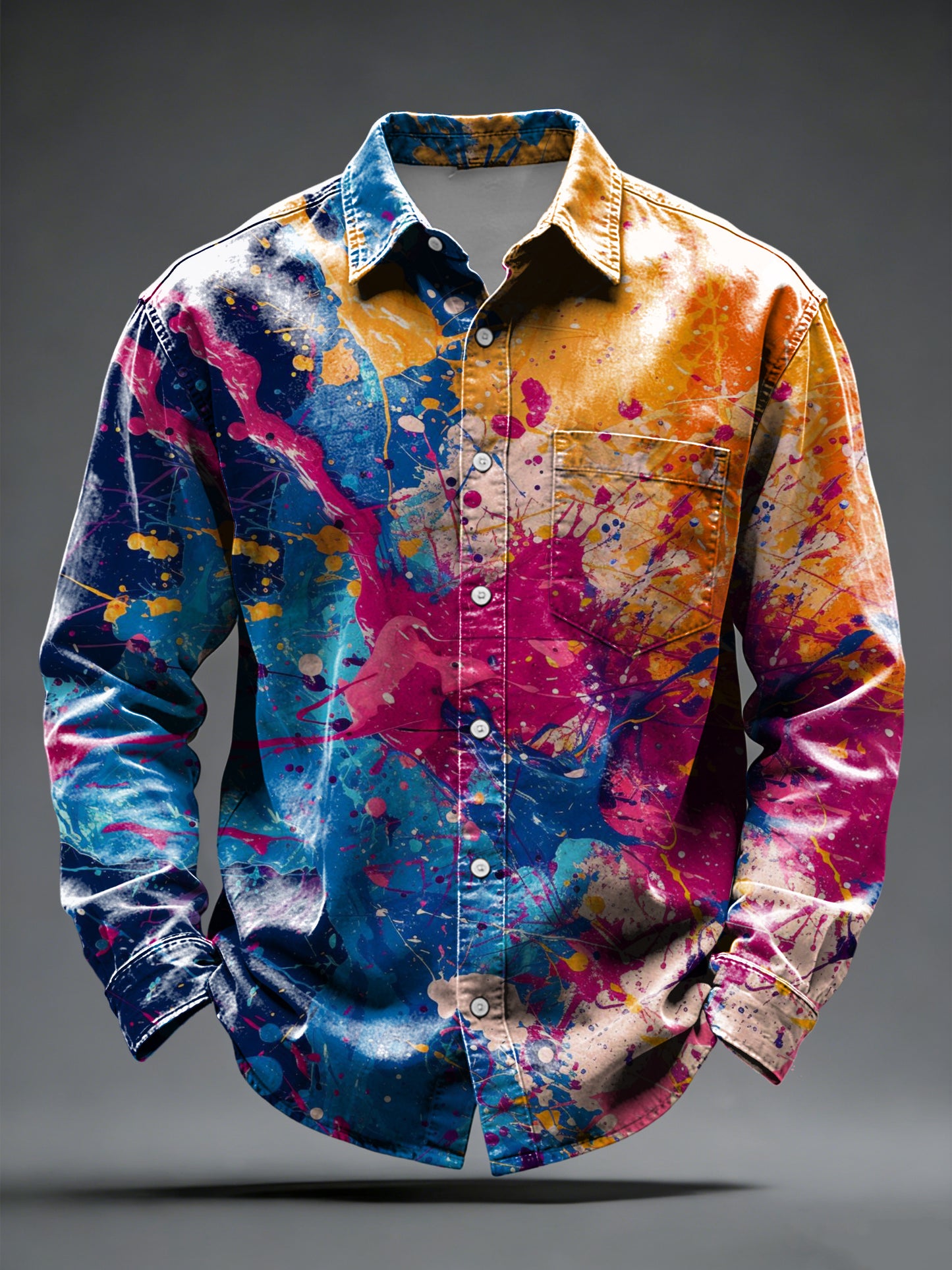 Men's Vibrant Color-Block Paint Splatter Button-Down Shirt