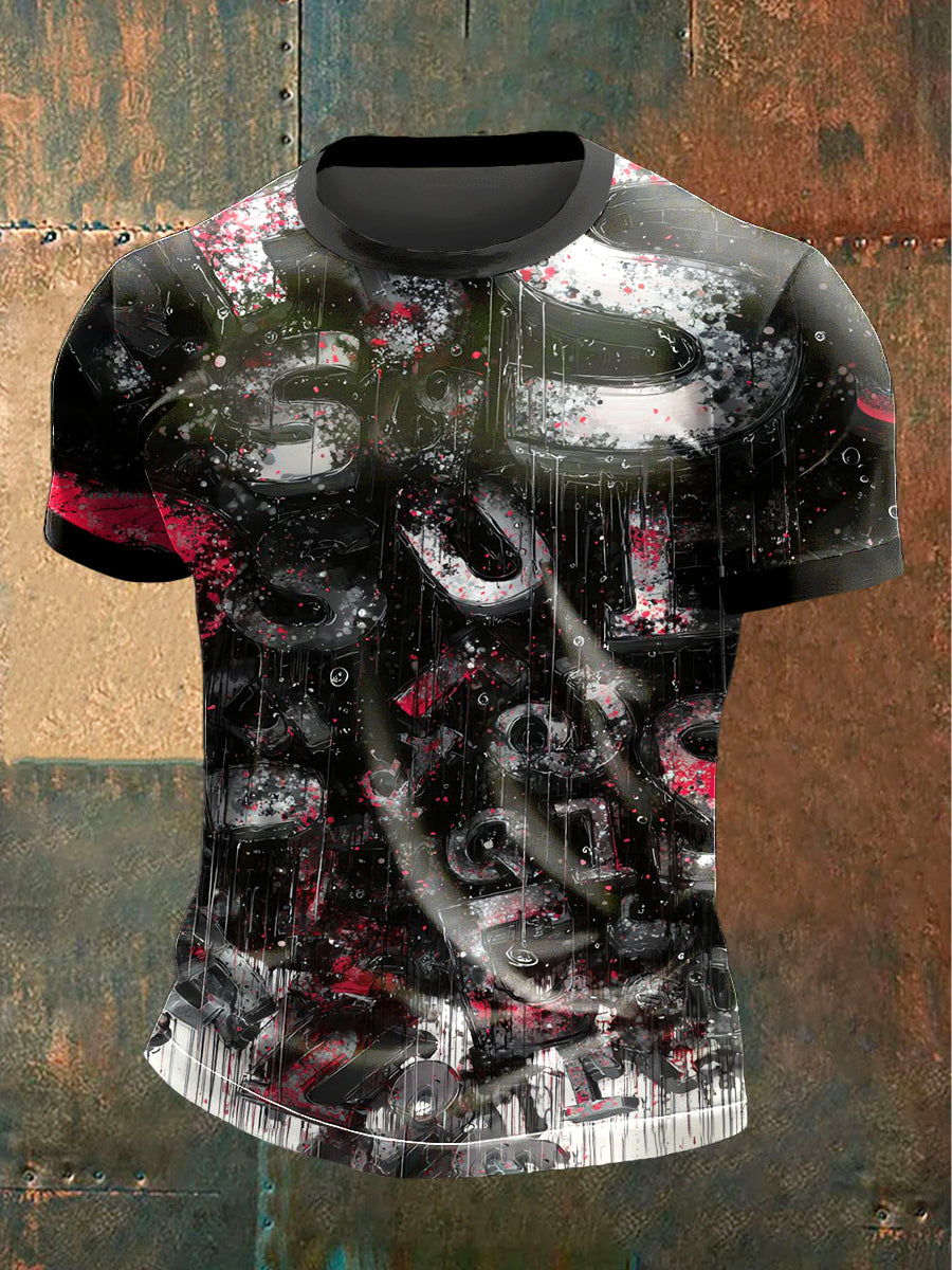 Men's Letter Graffiti Print Black Casual T-Shirt