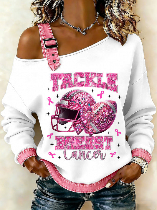 Women's Breast Cancer Printed One Shoulder Suspender Casual Sweater