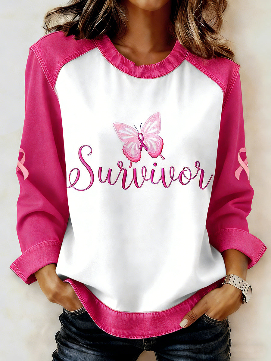 Women's Breast Cancer Printed Collar Long Sleeve Sweatshirt