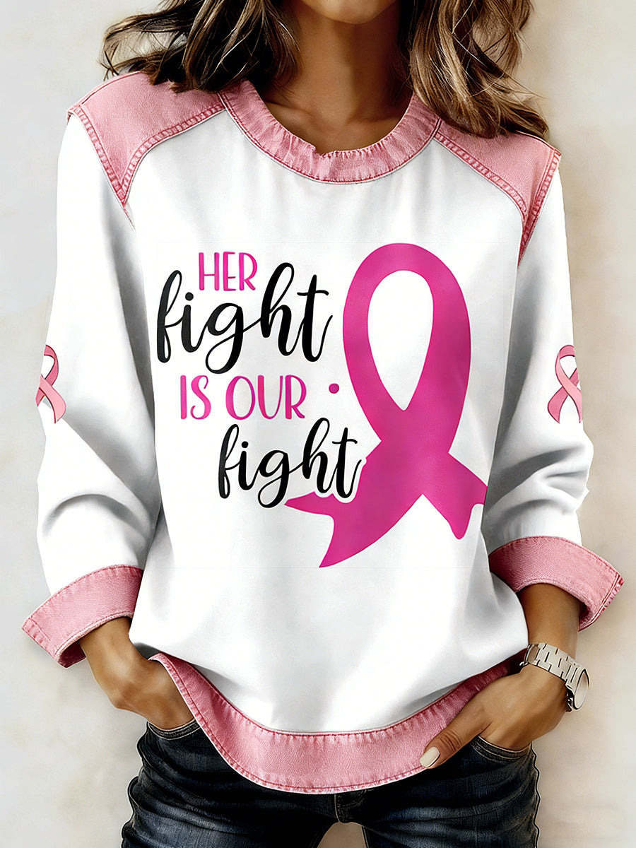 Women's Breast Cancer Printed Collar Long Sleeve Sweatshirt
