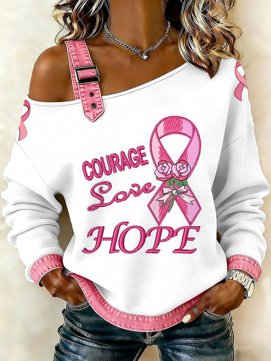 Women's Breast Cancer Printed One Shoulder Suspender Casual Sweater
